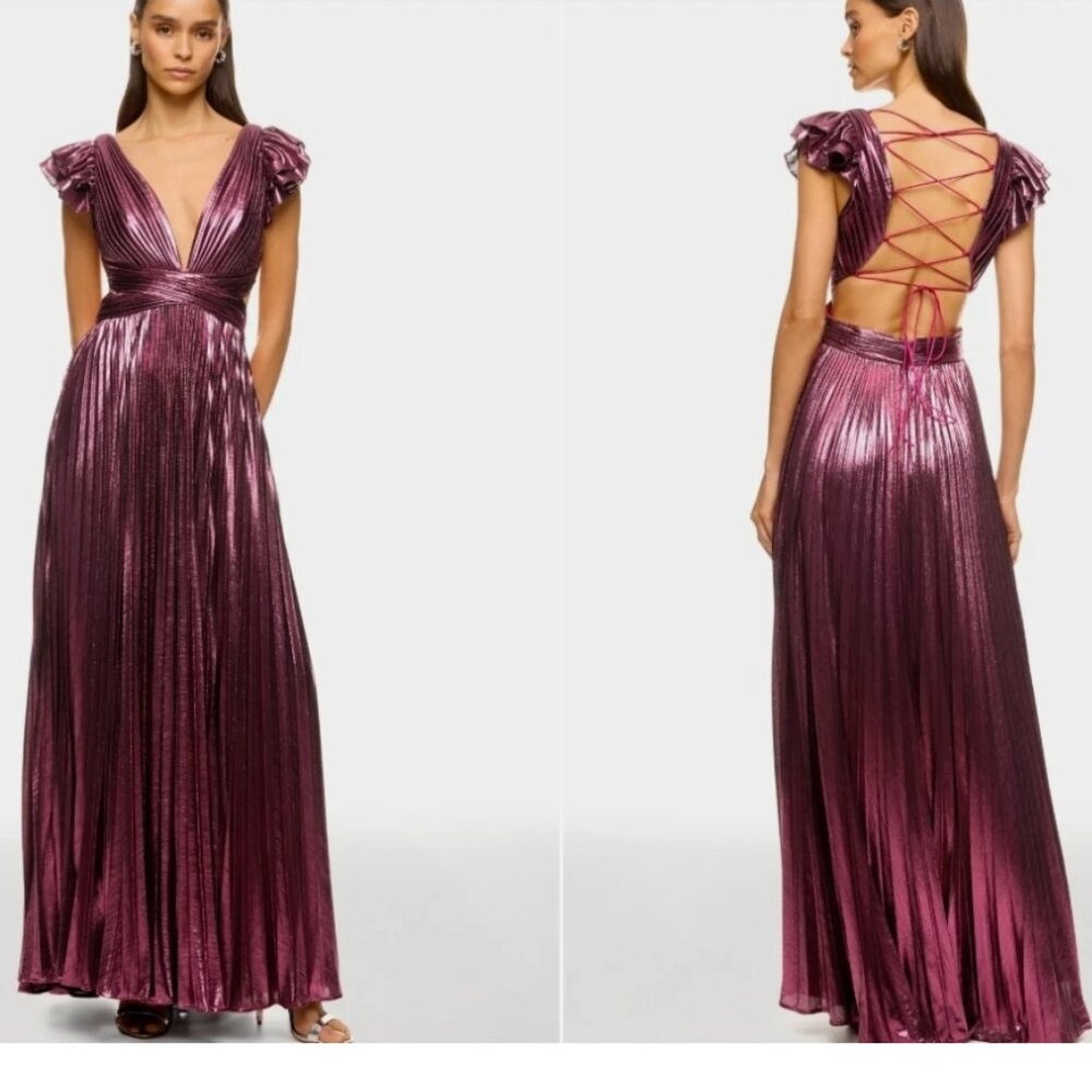 Metallic Plum Pleated Maxi Dress with Lace-Up Back